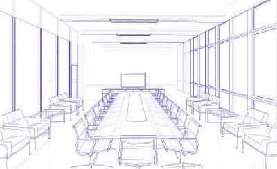 一个办公室的大会议室的3d插图。