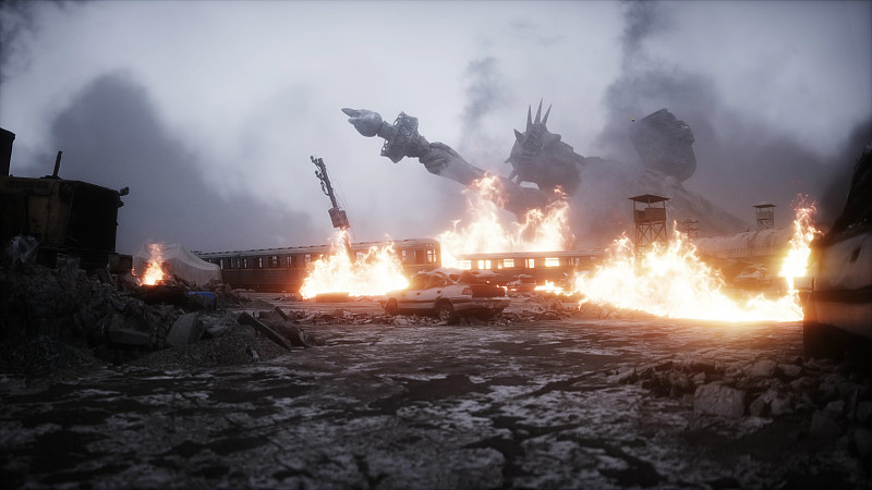 美国apocalypsis。燃烧的毁灭的城市。世界末日的观点。3 d渲染。