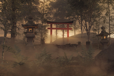 3d渲染的一个古老的日本神社鸟居门和石头灯笼在傍晚的光
