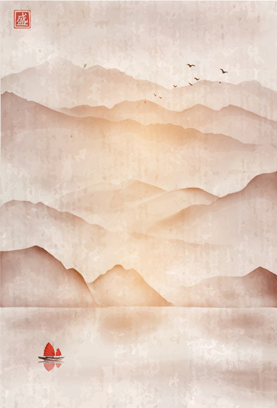 风景有云雾山，渔船和鸟群。传统的东方水墨画粟娥、月仙、围棋。象形文字——开花。