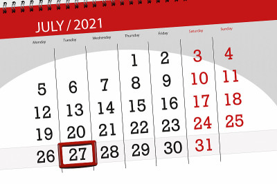 2021年7月的日历计划，截止日期，27日，星期二