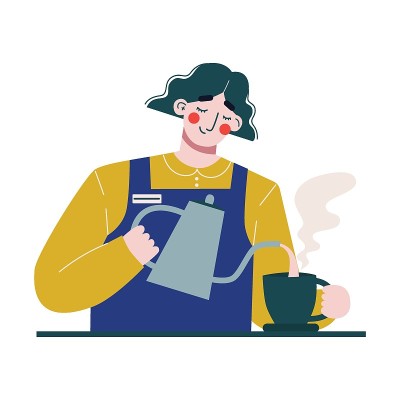 煮咖啡或茶的女咖啡师。女性的咖啡师。平面向量插图。