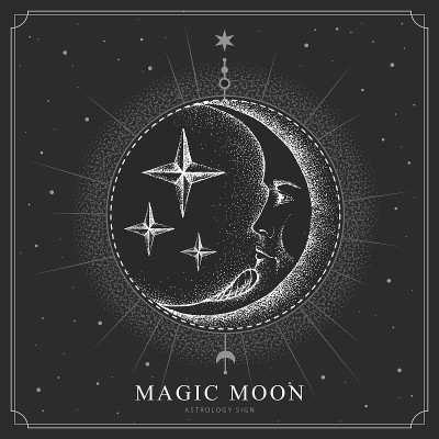 现代魔术魔术卡与占星月亮标志与人脸。现实手绘插图的月亮与人的脸