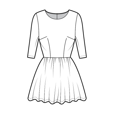 短技术时尚插图与肘袖，合身的身体，超长长裙。平服装方面