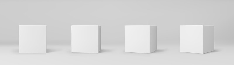 白色3d立方体集与透视孤立在灰色背景。3d建模盒与照明和阴影。现实的矢量图标