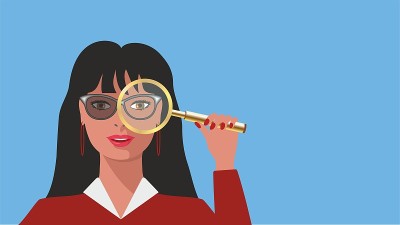女人的旗帜和金色的放大镜。矢量插图。