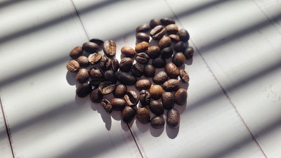 有机巴西咖啡豆背景，分散的黑咖啡豆