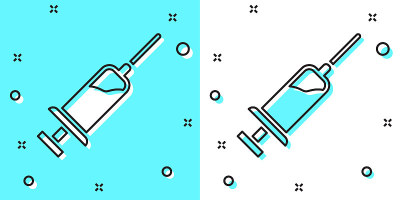 Black line Syringe with serum icon isolated on gre