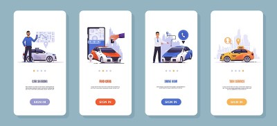 拼车app。出租车订车、汽车遥控、车辆租赁的移动应用。手机UI界面与触摸屏按钮，标题和文本。矢量网页