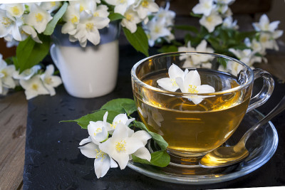 一杯茉莉花茶和盛开的茉莉花枝