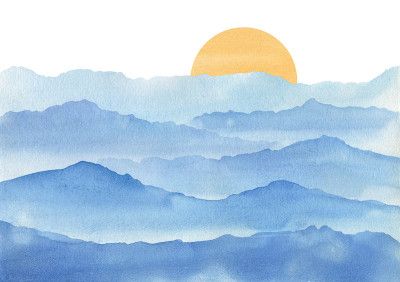 水彩浅蓝色的山景。山中的日出和日落。手绘插图。