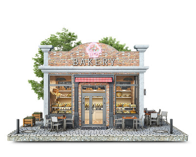 在一块地面上面包店建筑的正面视图，3d插图