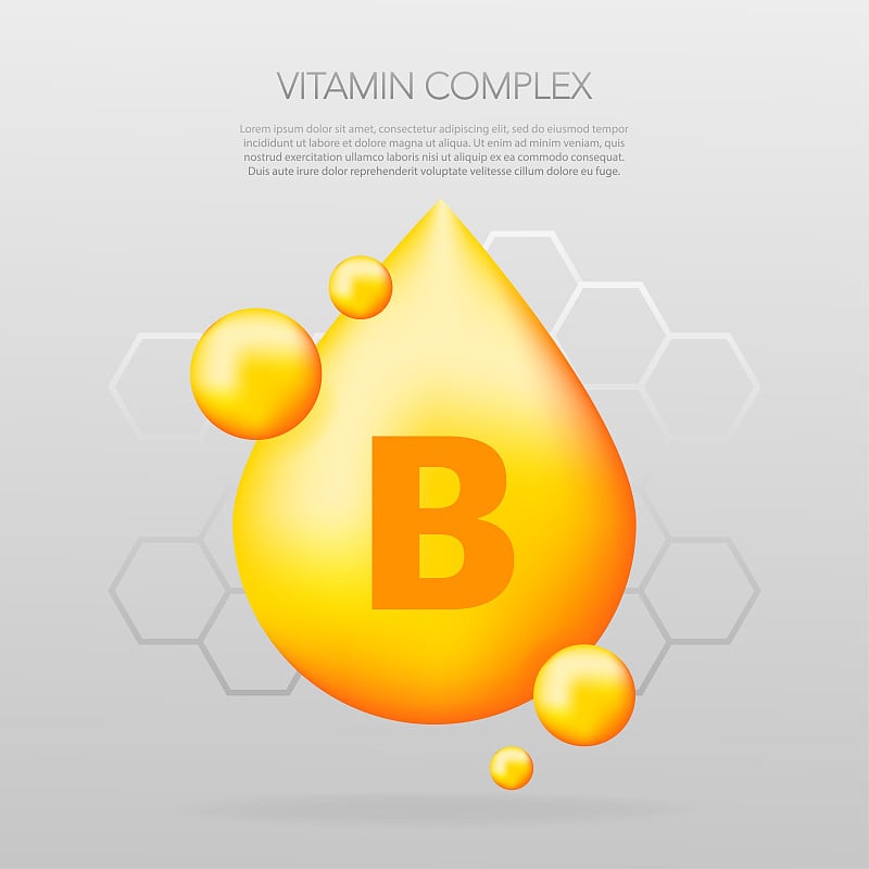 维生素B闪光丸胶囊图标。闪亮的金色物质滴。药物广告，美容营养护肤设计。矢量插图。