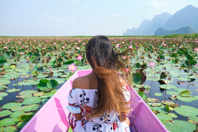 在泰国Khao Sam Roi Yot国家公园，一名妇女在一个阳光明媚的日子里乘船游览粉红色的莲花湖
