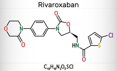 Rivaroxaban分子。它是一种抗凝血剂和口服活性Xa因子直接抑制剂。骨骼的化学公式