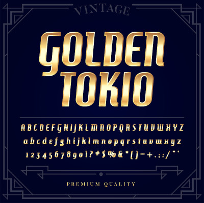 黄金金属字体集。向量中的字母、数字和特殊字符