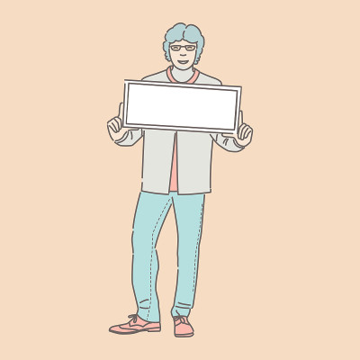 微笑的年轻人在休闲衣服拿着海报矢量插图。