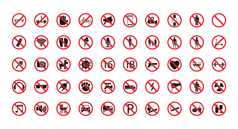 Set of prohibitive signs. Black signs in a red cir