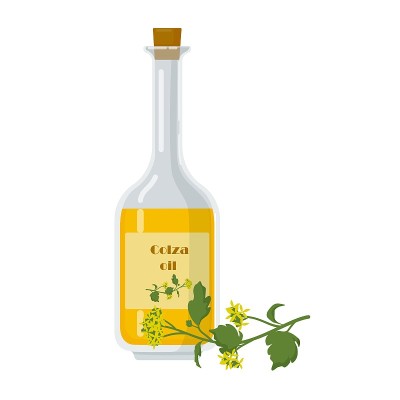 瓶装菜籽油和油菜花。