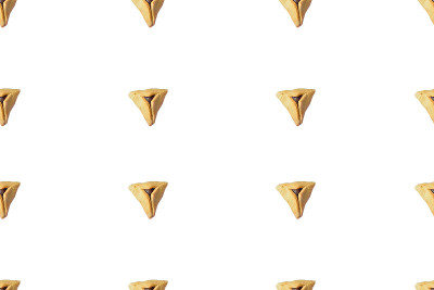 无缝图案Hamentashen, Ozen Haman，普里姆饼干在白色背景犹太节日普里姆