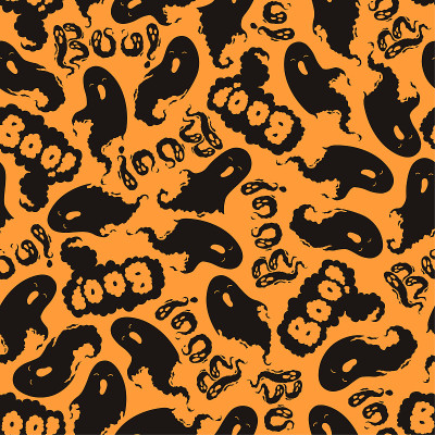无缝矢量万圣节图案与可爱的幽灵和Boo字母孤立在橙色背景。插图纺织，印刷，卡片，邀请，墙纸，织物，家