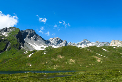 夏天，绿色牧场上白雪皑皑的山峰。