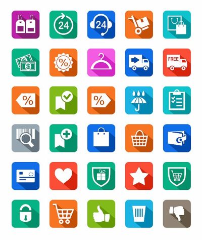 图标，购买，网上商店，折扣，付款，送货，彩色背景，阴影。
