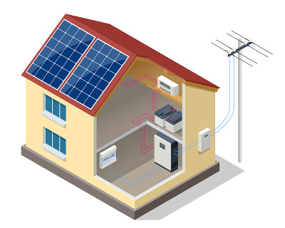 现代住宅屋顶上的太阳能电池板。可再生能源。备用电源储能系统。生态学家