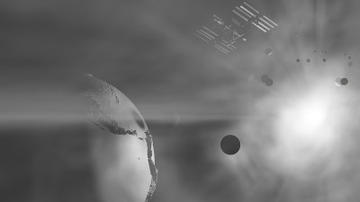 行星，国际空间站和宇宙雾中的太阳。三维演示