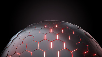 未来主义黑色六边形球体与红色霓虹灯- 3D插图