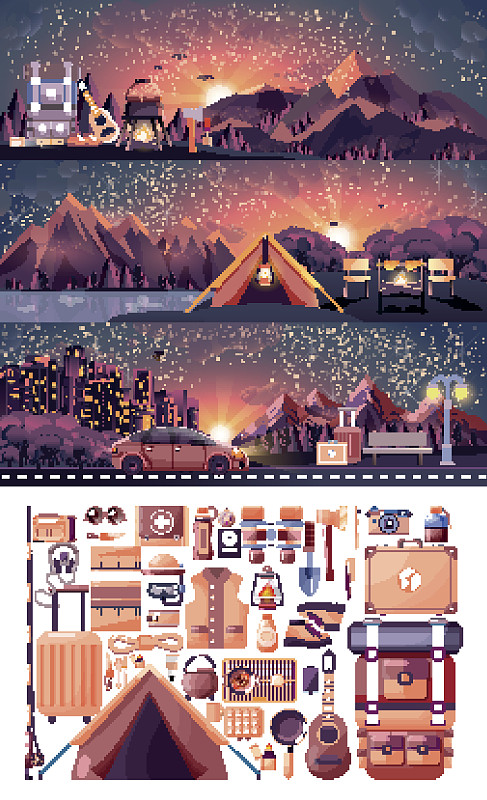 插图一套夜景，山，日落，旅行，徒步，自然