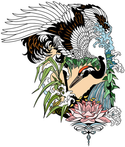 鹤鸟在带着百合花的风景里