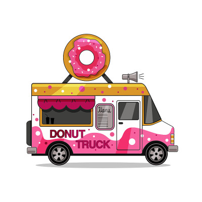 白色背景上的甜甜圈卡车。矢量插图。