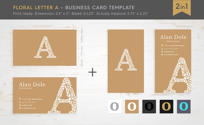 花字信件A.名片模板。花叶手绘个人卡片设计。