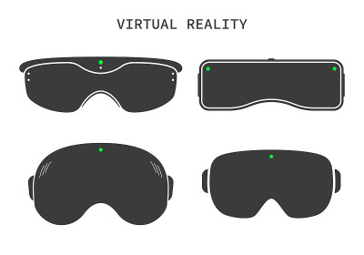 一套vr眼镜平面图标。用于电脑游戏的Vr护目镜设备。虚拟现实耳机。向量