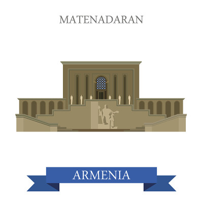 亚美尼亚埃里温的Matenadaran。平面卡通风格的历史景点展示景点网站矢量插图。世界各国城市度假