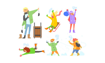 Winter activities set, children sledding, playing 