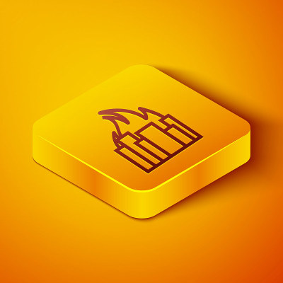 在城市街道上燃烧的建筑物的火灾图标孤立在橙色背景上。烧毁的城市失火了。黄色正方形按钮。矢量图