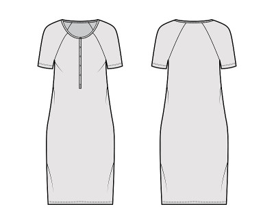 搭配短插肩袖、超短裙、及膝铅笔裙的亨利领技术时尚插画