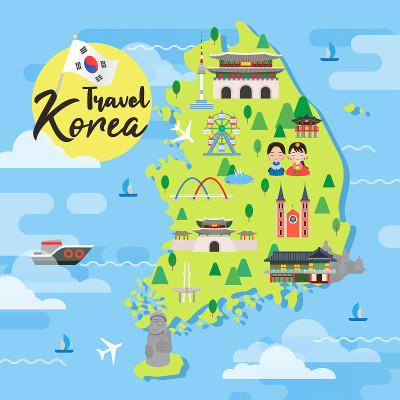 韩国旅游地图矢量插图，景点平面设计。