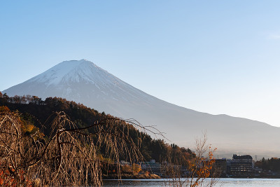 富士山鸟瞰图。日本的标志性山峰。富士山傍晚日落景观，川口町，山梨，日本。