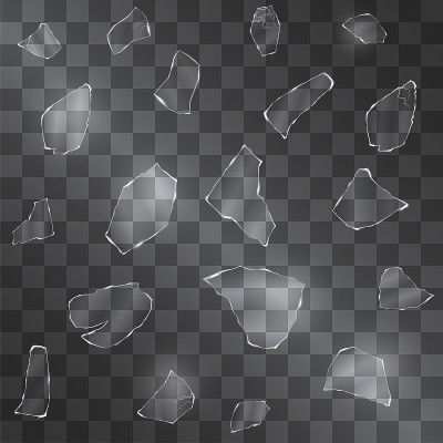 破碎的玻璃矢量碎片与锐利的边缘上透明的背景。闪亮的碎片碎料坠落娱乐效果，象征意外，肾上腺素，紧张局势