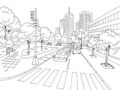 街道道路图形黑白城市景观素描插图矢量