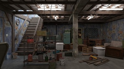3D插图砖地下室与不必要的过时的东西