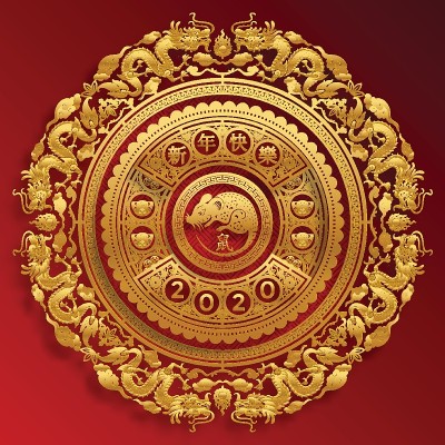 2020年中国新年鼠年，红色和金色剪纸鼠的性格，花和亚洲元素与工艺风格的背景。
(中文翻译:祝202
