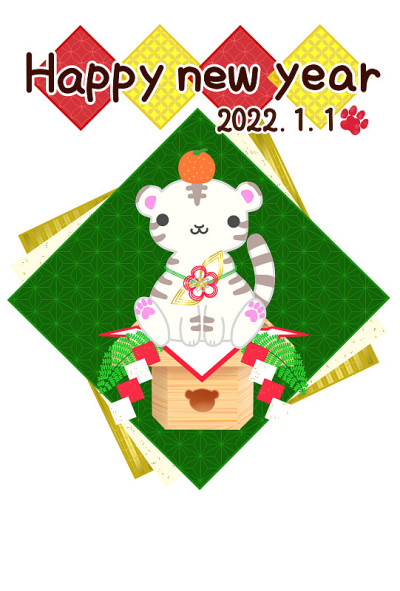 2022年新年贺卡模板:一只可爱的白虎坐在日本风格的背景上，穿着新年的幸运符，上面有深绿色的麻叶图案