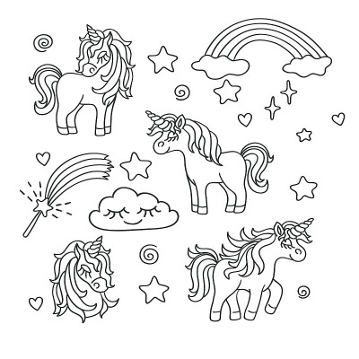 独角兽，彩虹，魔术棒矢量素描集