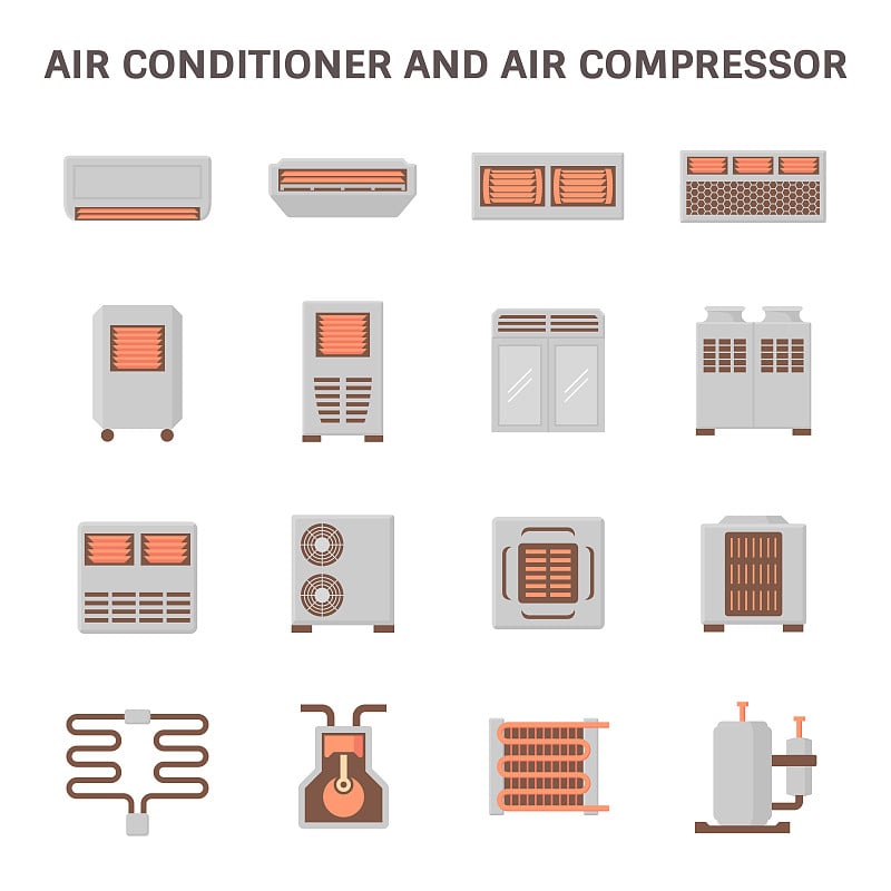 空调和空气压缩机部分的暖通系统矢量图标集设计。