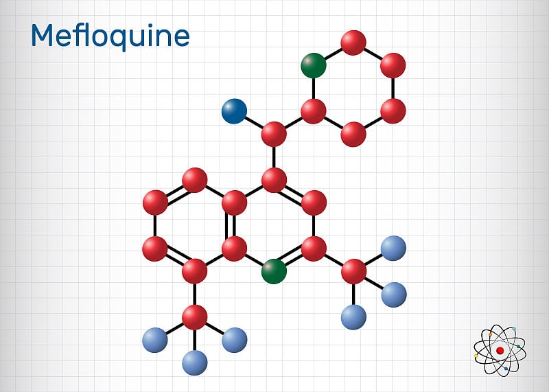 甲氟喹，C17H16F6N2O抗疟药分子。它是用于治疗疟疾、冠状病毒病COVID-19的药物。分子模