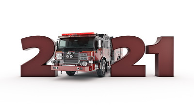 消防车概念2021年新年标志。三维渲染